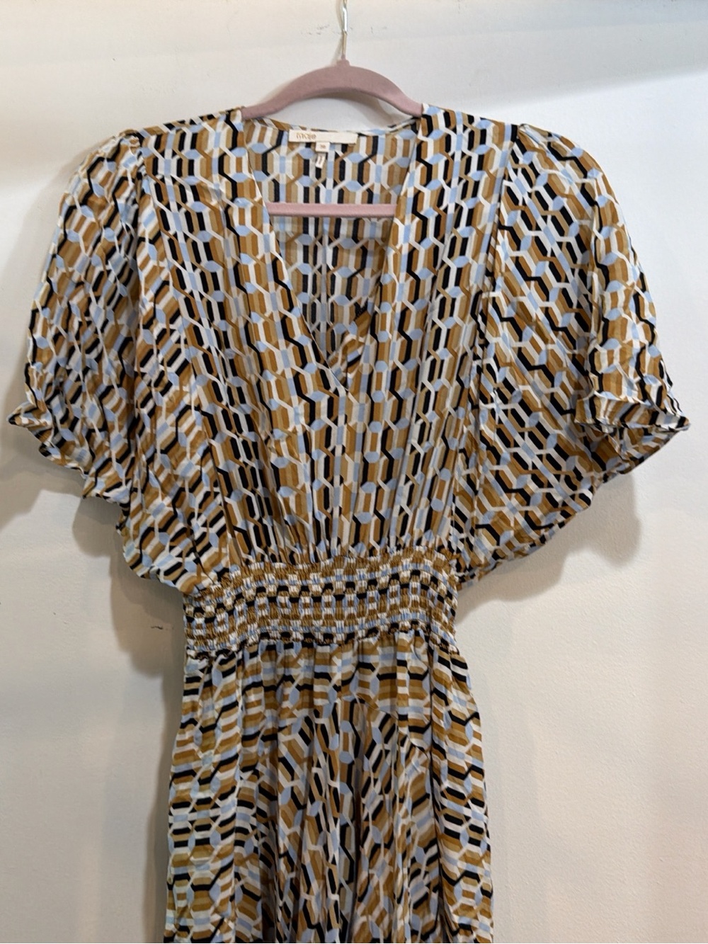 Geometric Print Smocked Waist Midi Dress - Mustard, Black & White